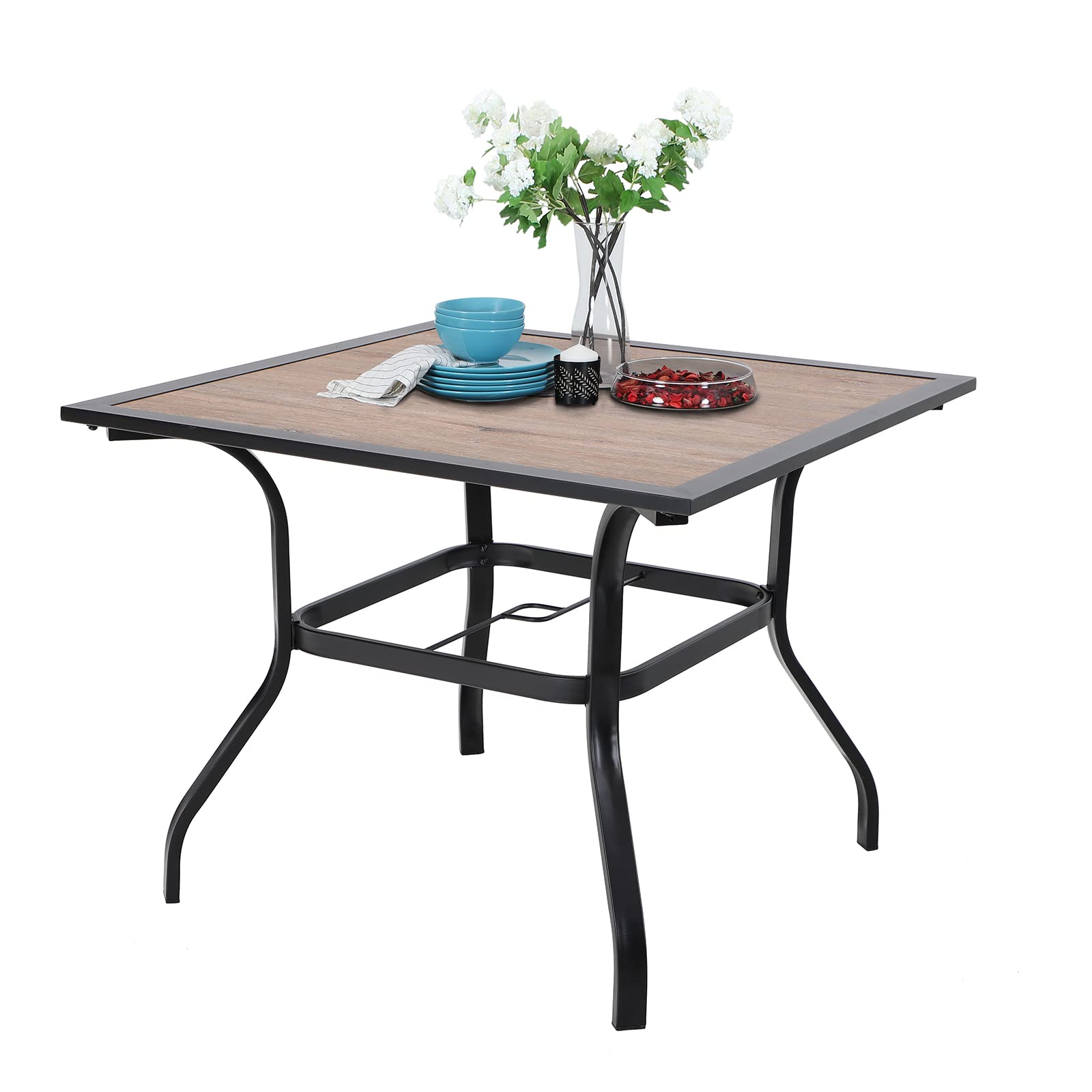 Sophia & William 37' Square Outdoor Dining Table With Umbrella Hole, Imitation Of Wooden Surface Patio Dining Table For Lawn Garden, Sturdy Metal Steel Frame With Wood-Like Table Top