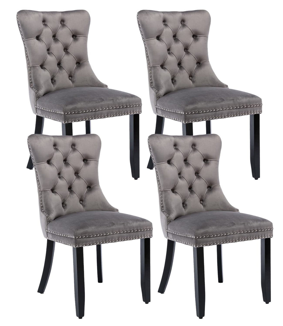 Grey Velvet Dining Chairs Set Of 4, Upholstered Dining Room Chairs With Back Ring Pull Trim And Solid Wood Legs,Tufted Wingback
