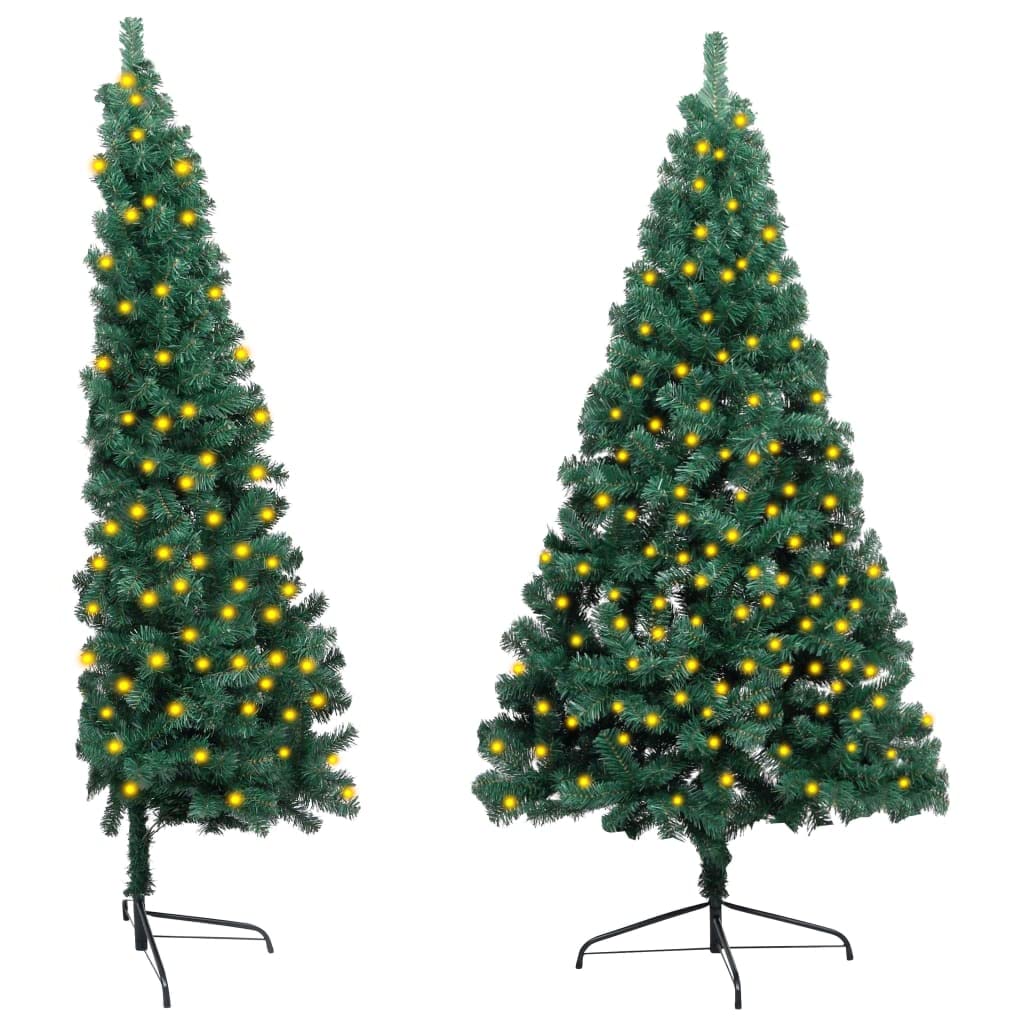 vidaXL Half Artificial Christmas Tree with Stand and Pre-lit LED Lights - PVC Green Tree for The Holidays - 59.1'' Tall