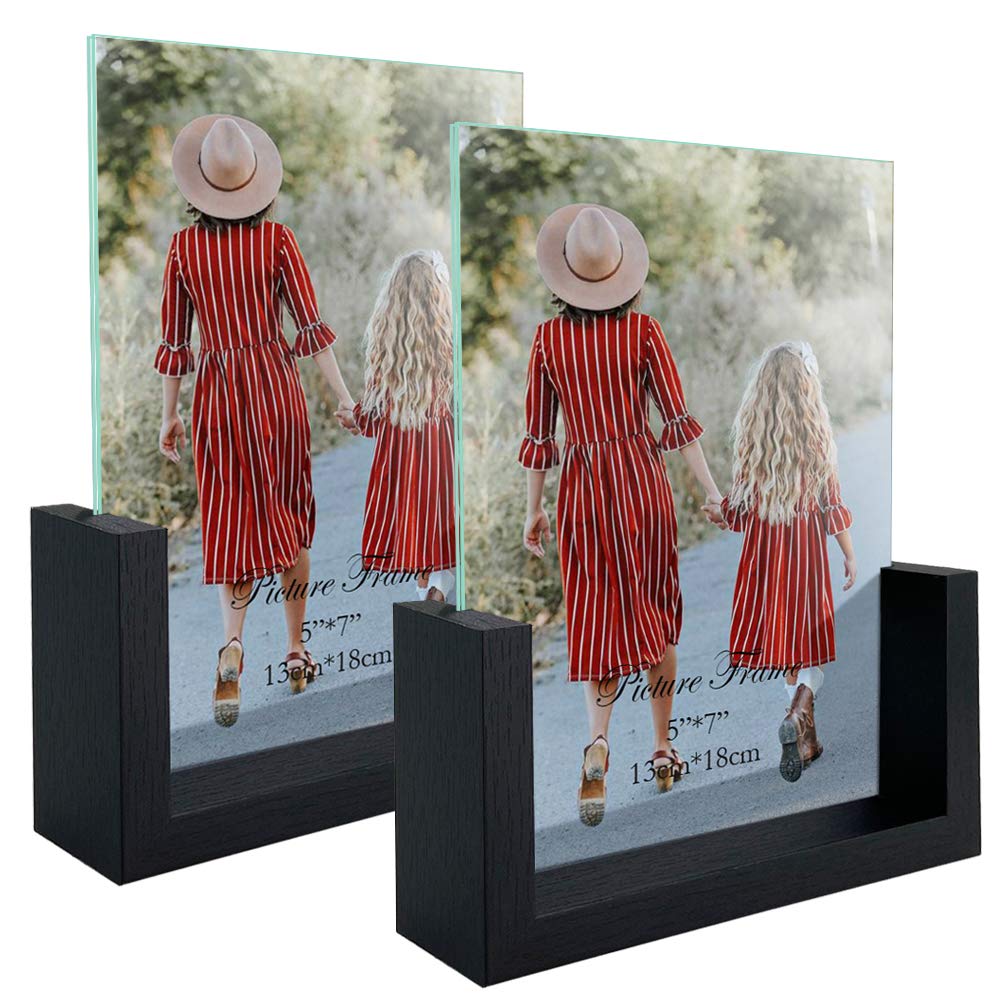 MEBRUDY 5x7 Picture Frame 2 Pack, Black Photo Frames with Tempered Glass Cover and Wooden Base for Tabletop or Desktop Display