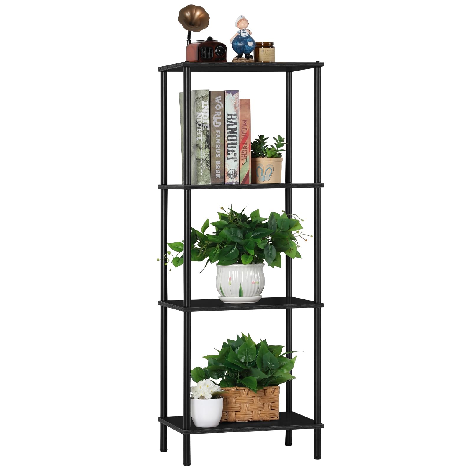 Narrow End Table Tall Black Side Table 4 Tier Wooden Metal Modern Plant Flower Display Stand Rack with Storage for Living Room B