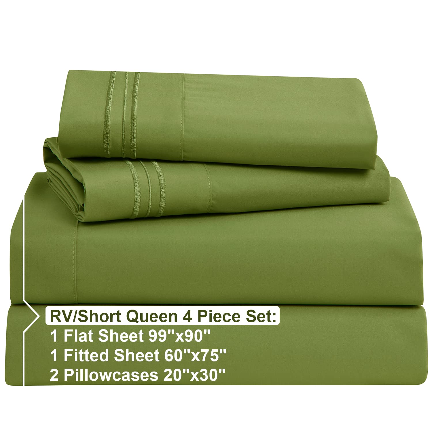 Nestl Rv Short Queen Sheets Set - 4 Piece Bed Sheets For Rv Queen Size Bed, Double Brushed Rv Size Sheets, Hotel Luxury Calla Green Sheets, Extra Soft Bedding Sheets & Pillowcases