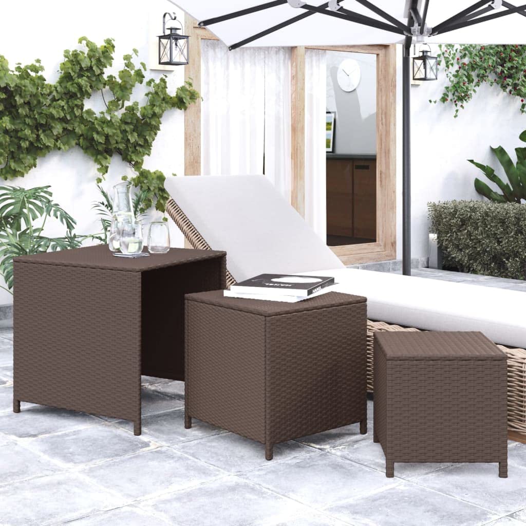 vidaXL Set of 3 Brown Poly Rattan Nesting Tables - Space-Saving, Sturdy, Easy-to-Clean, Indoor and Outdoor Use, with Powder-Coated Steel Frames