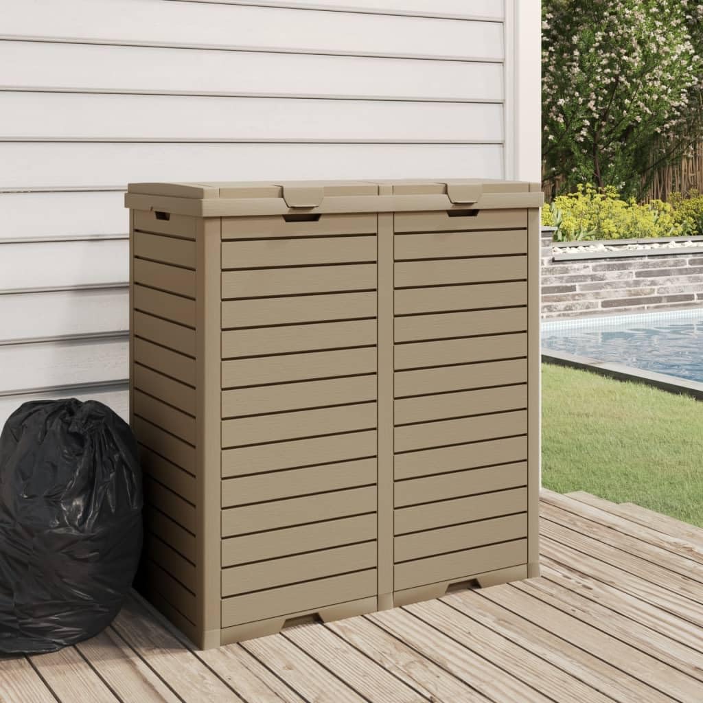 Vidaxl Large Capacity Outdoor Garbage Bin With Double Lid Enclosure And Removable Fluid Trays, Imitation Wood Texture Design, Light Brown, Constructed With Durable Polypropylene