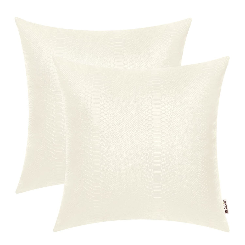 BRAWARM Ivory White Leather Throw Pillows 22 X 22 Inches, Snake Leather Pillow Covers Pack of 2, Faux Leather Decorative Pillow 