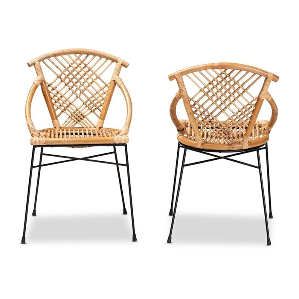 Baxton Studio Pro Modern Bohemian Natural Brown Rattan and Black Metal 2-Piece Dining Chair Set
