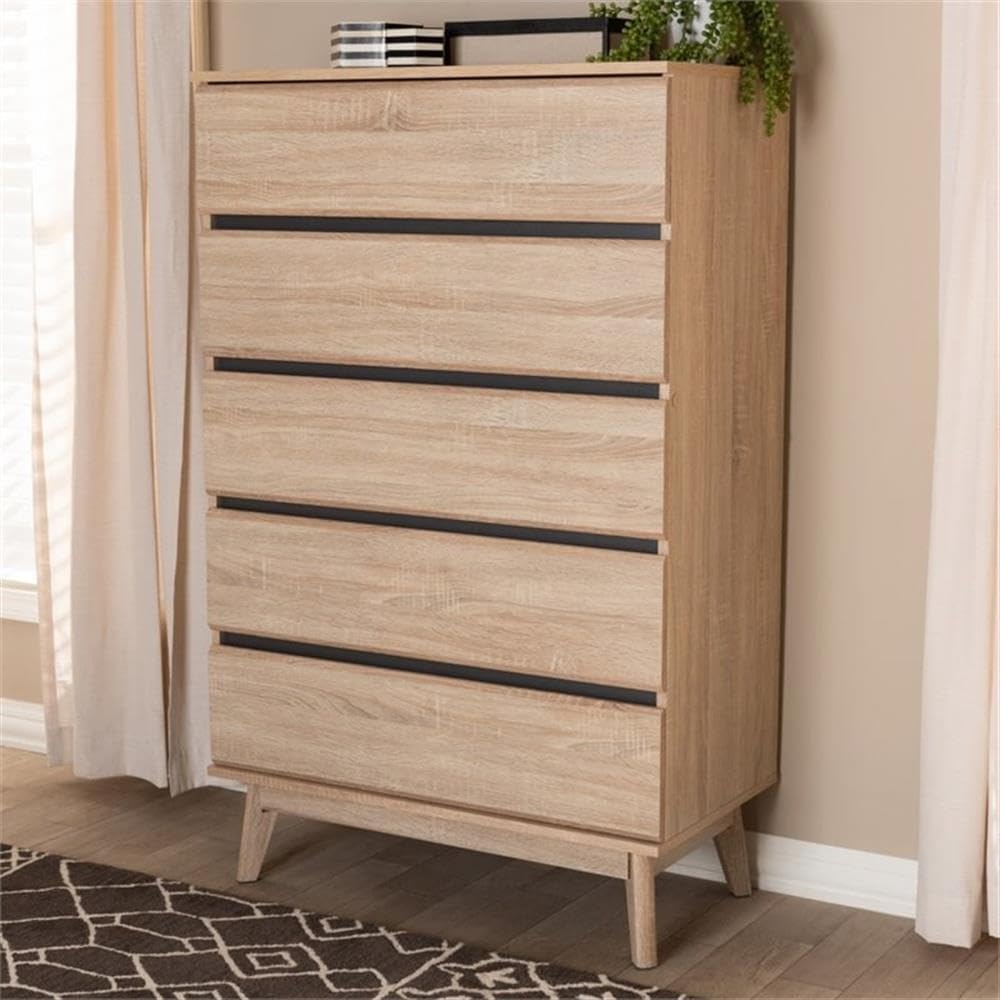 Baxton Studio Miren Mid-Century Modern Light Oak and Dark Grey 5-Drawer Chest