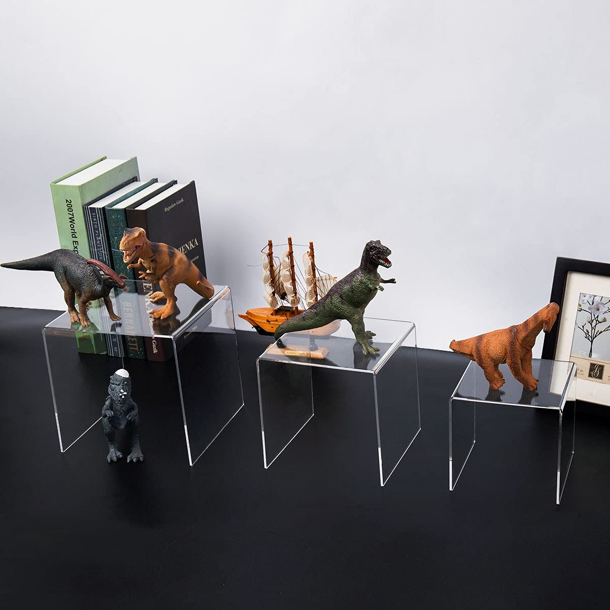 Hiimiei Clear Acrylic Display Risers 2 Sets, 3-Tier Risers Stands Showcase For Amiibo Funko Pop Figures, Dessert, Jewelry-5''X6'