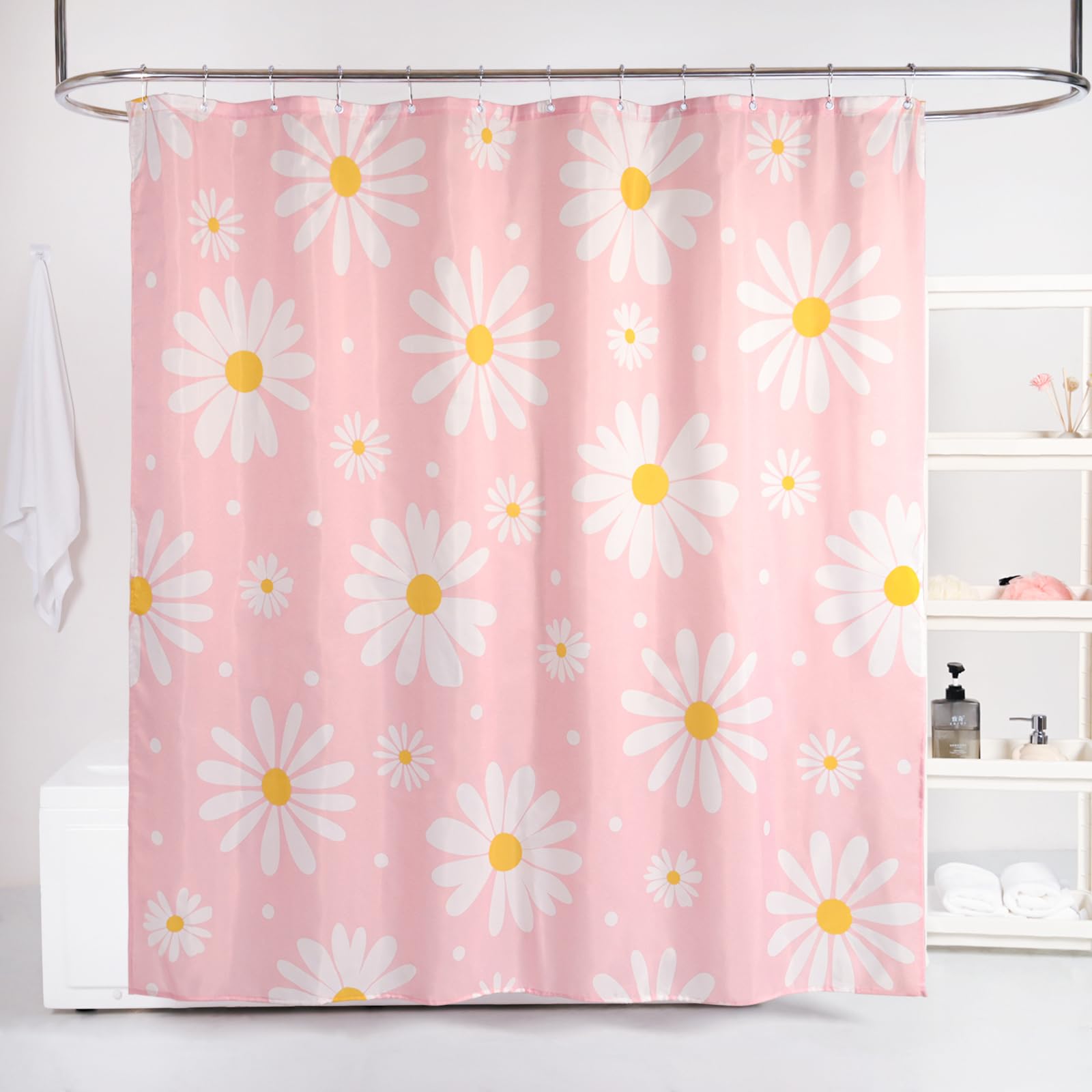 QJHOMO Pink Floral Shower Curtain Set Cute Daisy Girly Bathroom Curtain, Washable Waterproof Fabric Shower Curtains with 12 Hook