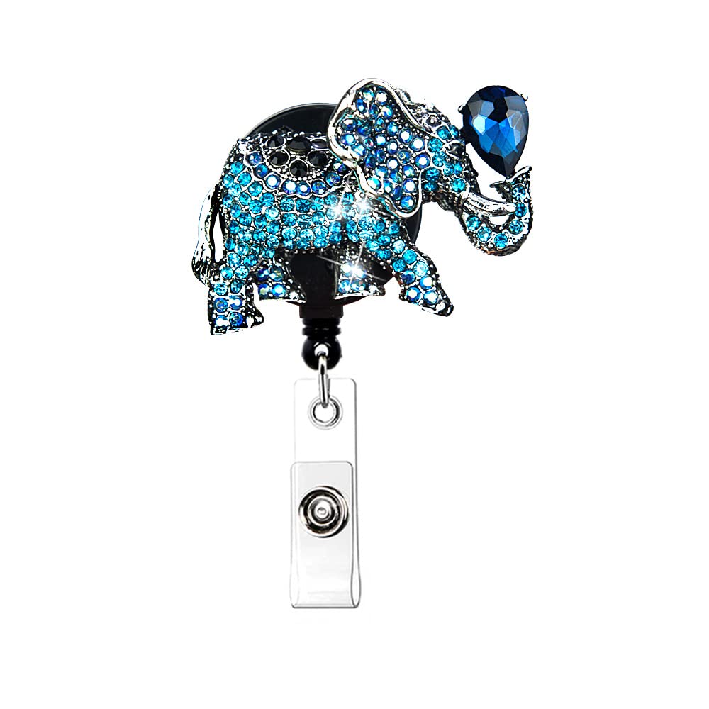 Heyah Blue Bling Elephant Badge Reel, Retractable Badge Holder With Belt Clip, Id/Name Badge Clip For Women Nurse