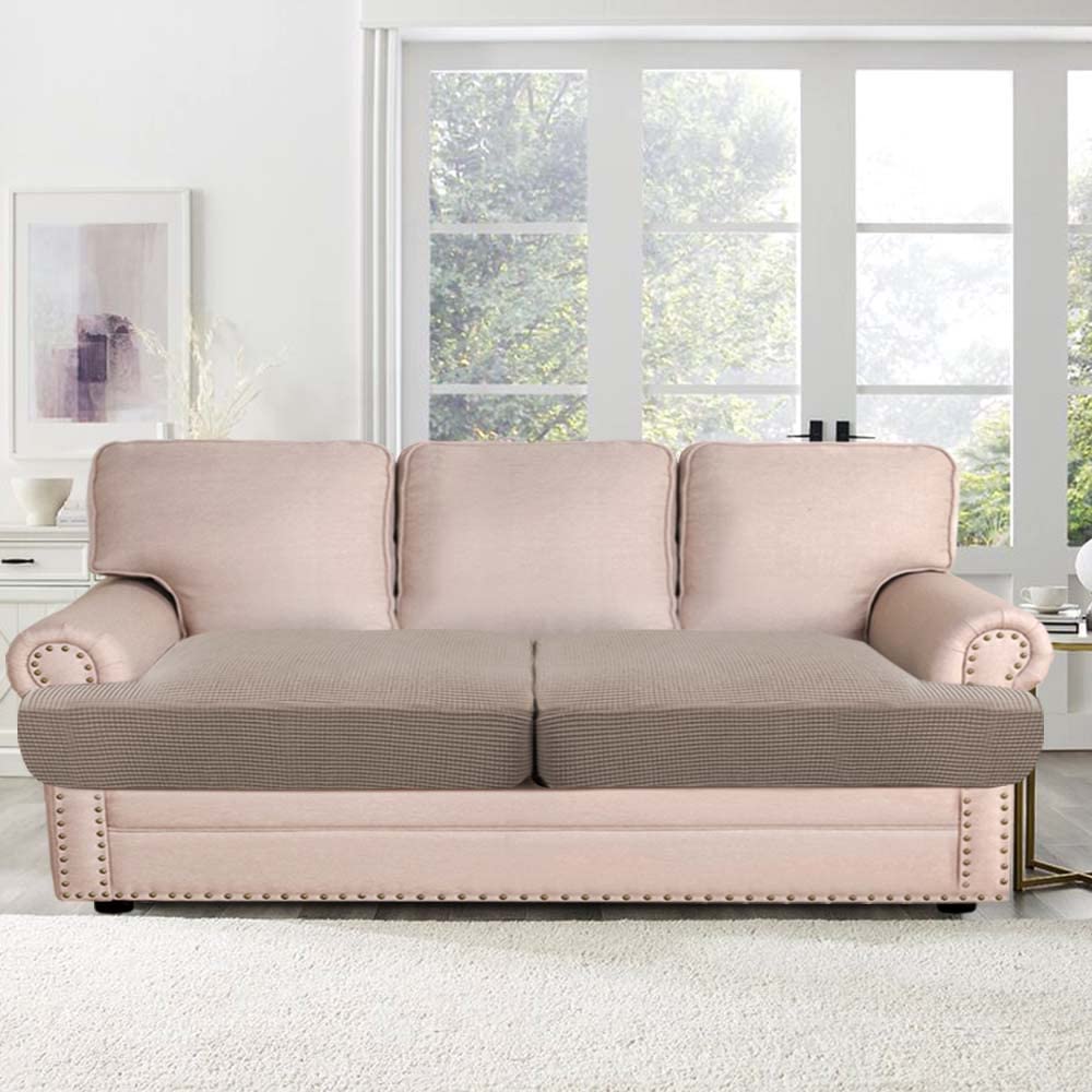 H.Versailtex Stretch 2 Piece T Cushion Sofa Slipcovers Individually Sofa Cushion Covers For 2 Cushion Couch Sofa Seat Cushion Covers With Elastic Bands Featuring Thicker Jacquard Fabric, Taupe