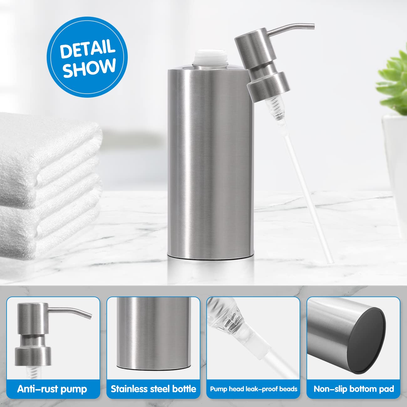 Arktek Large Stainless Steel Countertop Soap Dispenser - Rust And Leak Proof Liquid Hand Soap Pump Bottle For Kitchen, Bathroom