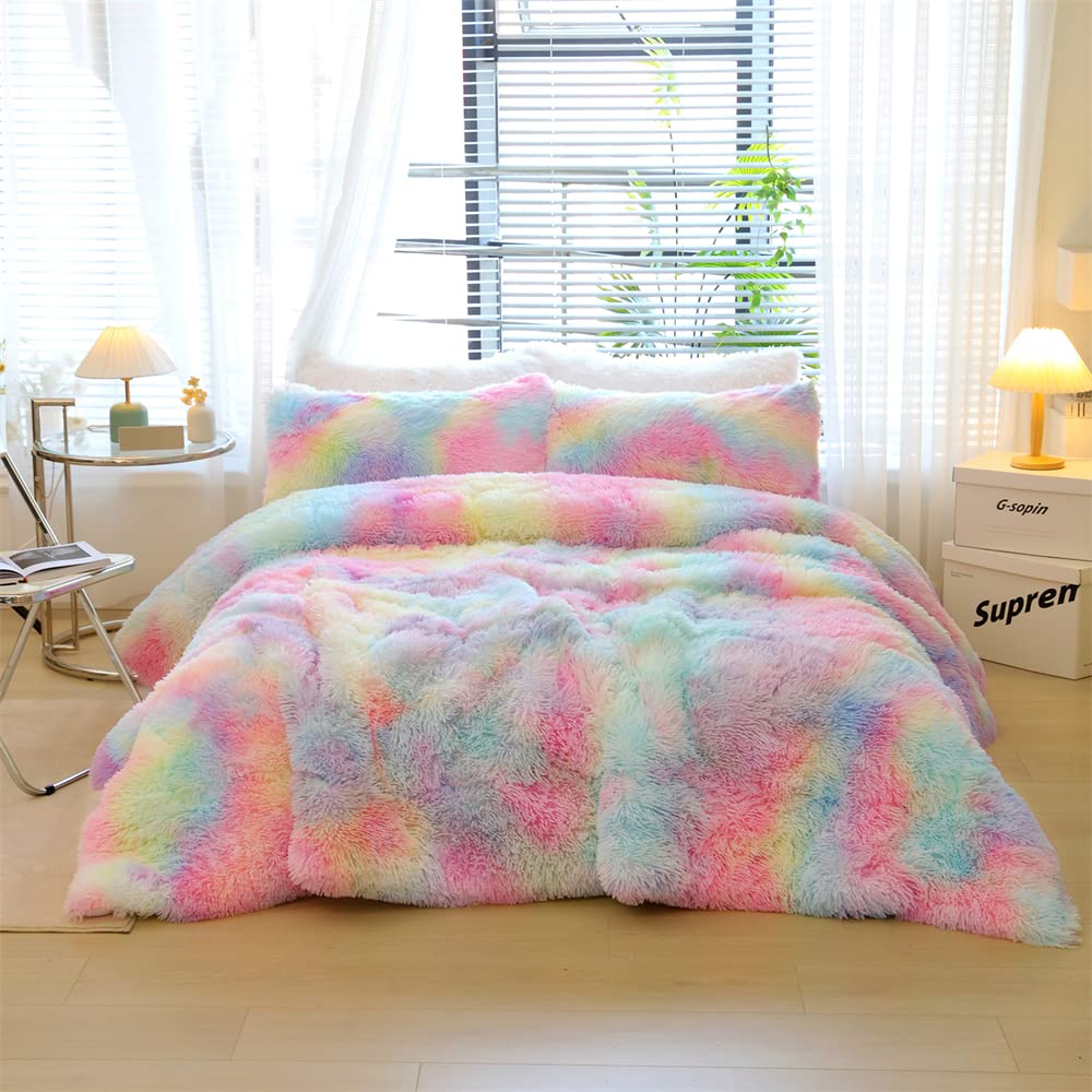 Roscloud Faux Fur Kids Girls Rainbow Comforter Sets Twin/Full - 3Pc Bed Set Warm Comfortable Soft Plush Flannel Velvet Fluffy Fu