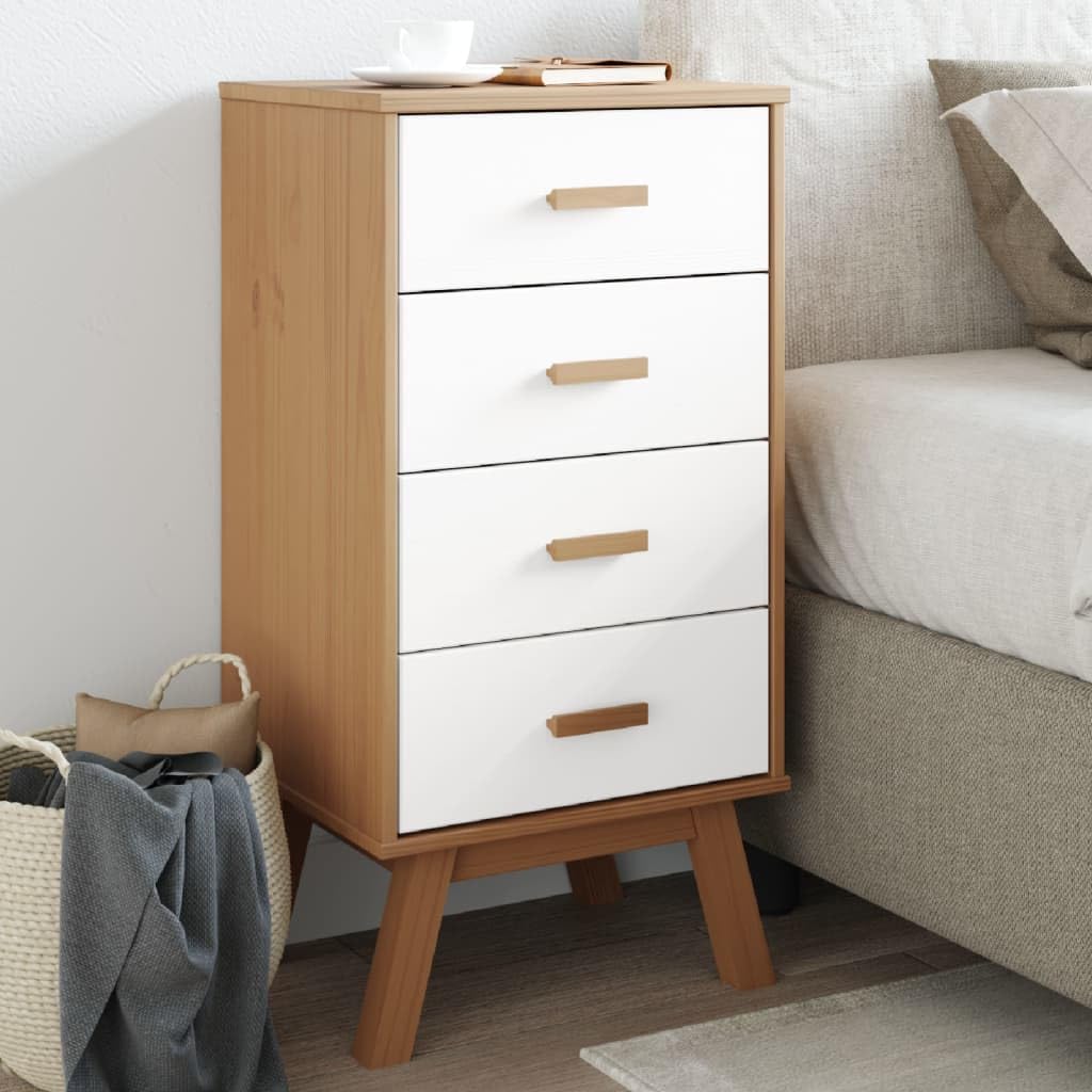 vidaXL Olden Bedside Cabinet in White/Brown - Solid Pine Wood Nightstand with 4 Drawers, Scandinavian Charm, Wax Finish, Ample Storage, Wooden Feet, Home Bedroom Furniture