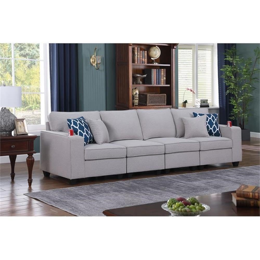 Lilola Home Cooper Light Gray Linen 4-Seater Sofa with Cupholder
