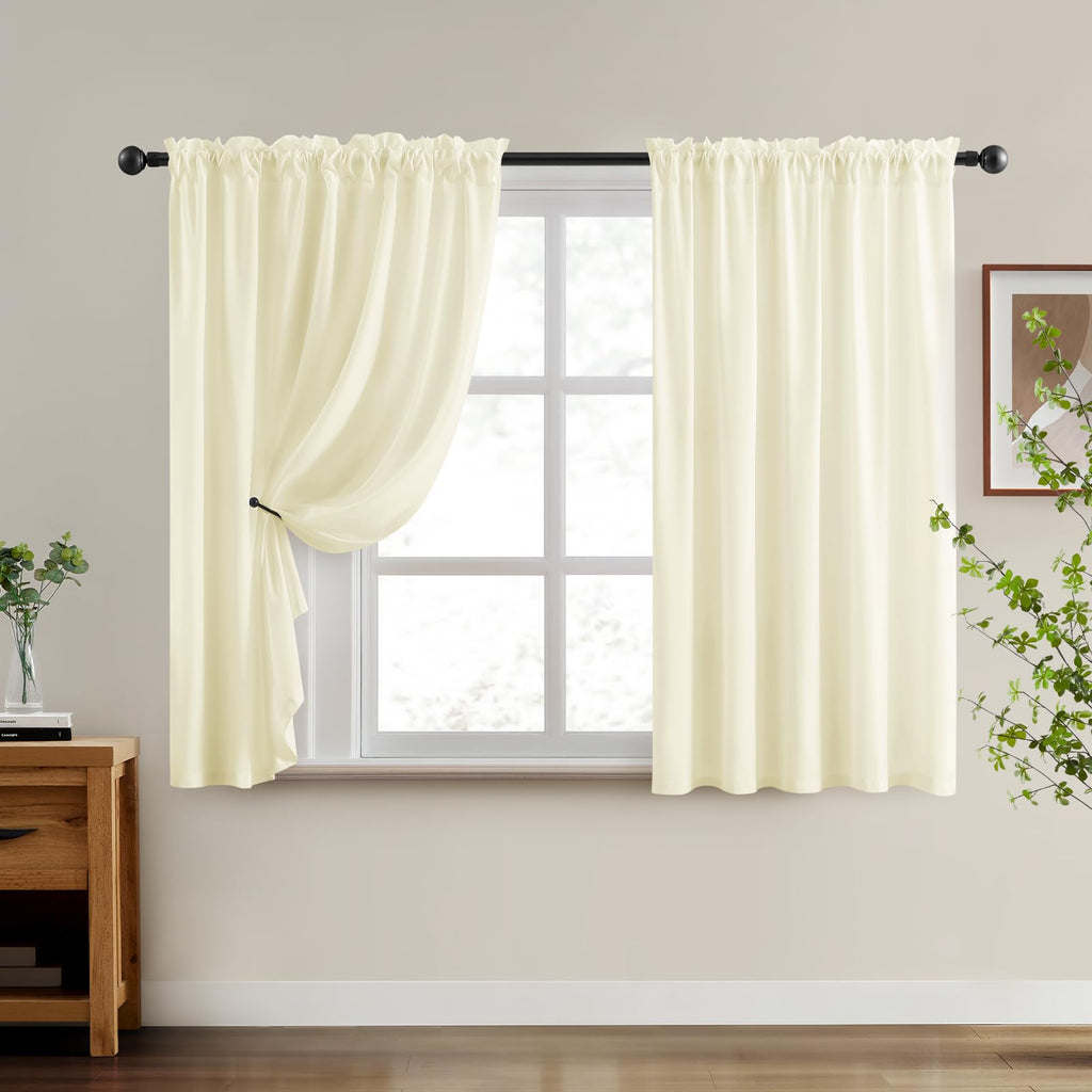 Homeideas Non-See-Through Cream Yellow Privacy Sheer Curtains 52 X 45 Inches Long 2 Panels Set, Fish Bone Pattern Semi Sheer Cur