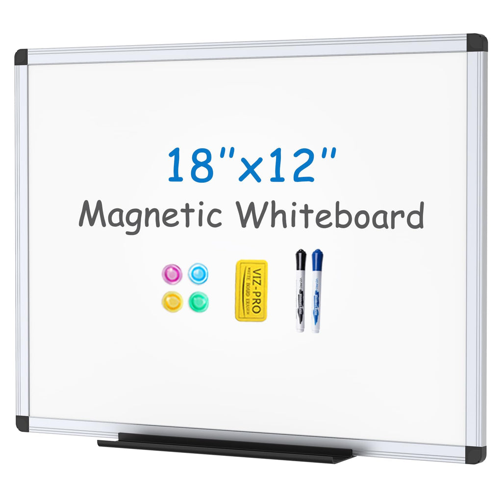 Viz-Pro Magnetic Whiteboard/Dry Erase Board, 18 X 12 Inches, Includes 1 Eraser & 2 Markers & 4 Magnets