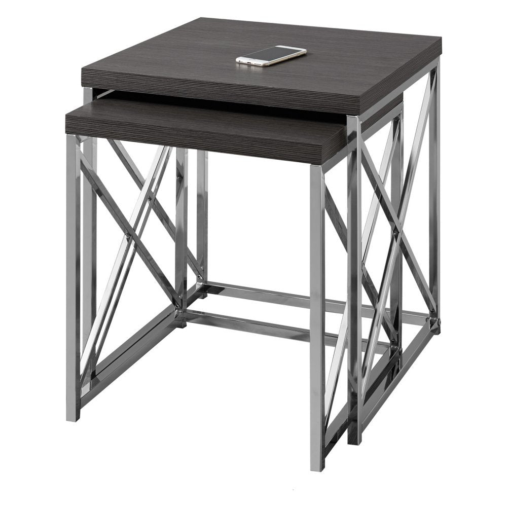 Monarch Specialties , Nesting Table, Chrome Metal, Grey, Table Set, 2 pcs