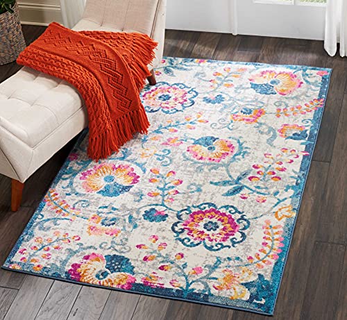 HomeRoots 100% Polypropylene 4â?? x 6â?? Ivory and Blue Floral Vines Area Rug