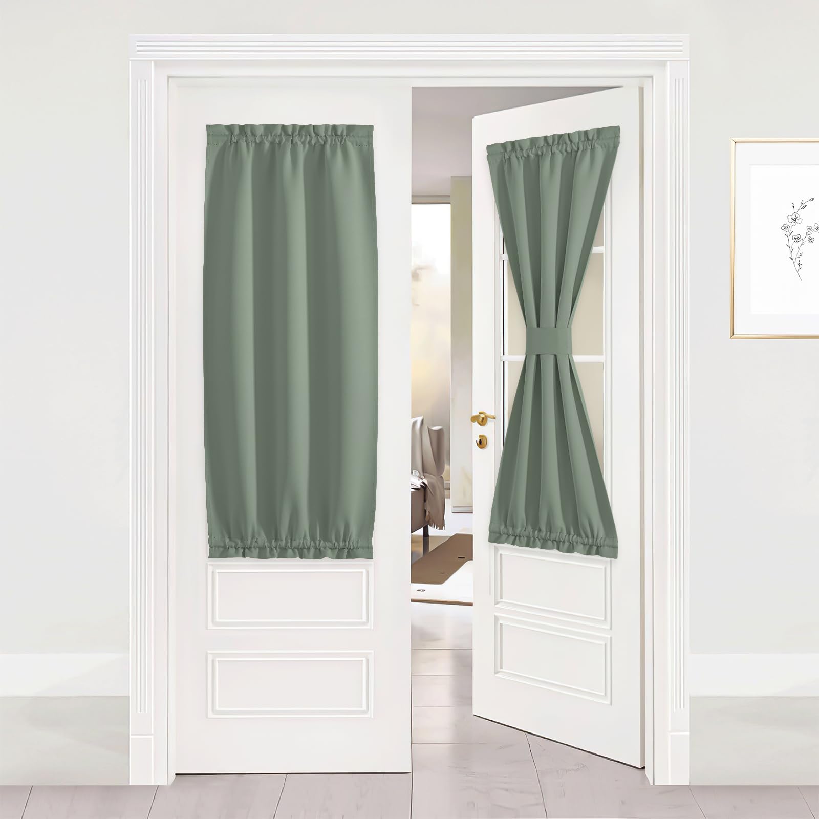 NICETOWN Greyish Green Short Curtains for Kitchen Window, Farmhouse Thermal Insulated French Door Shades for Front Back Glass Pa