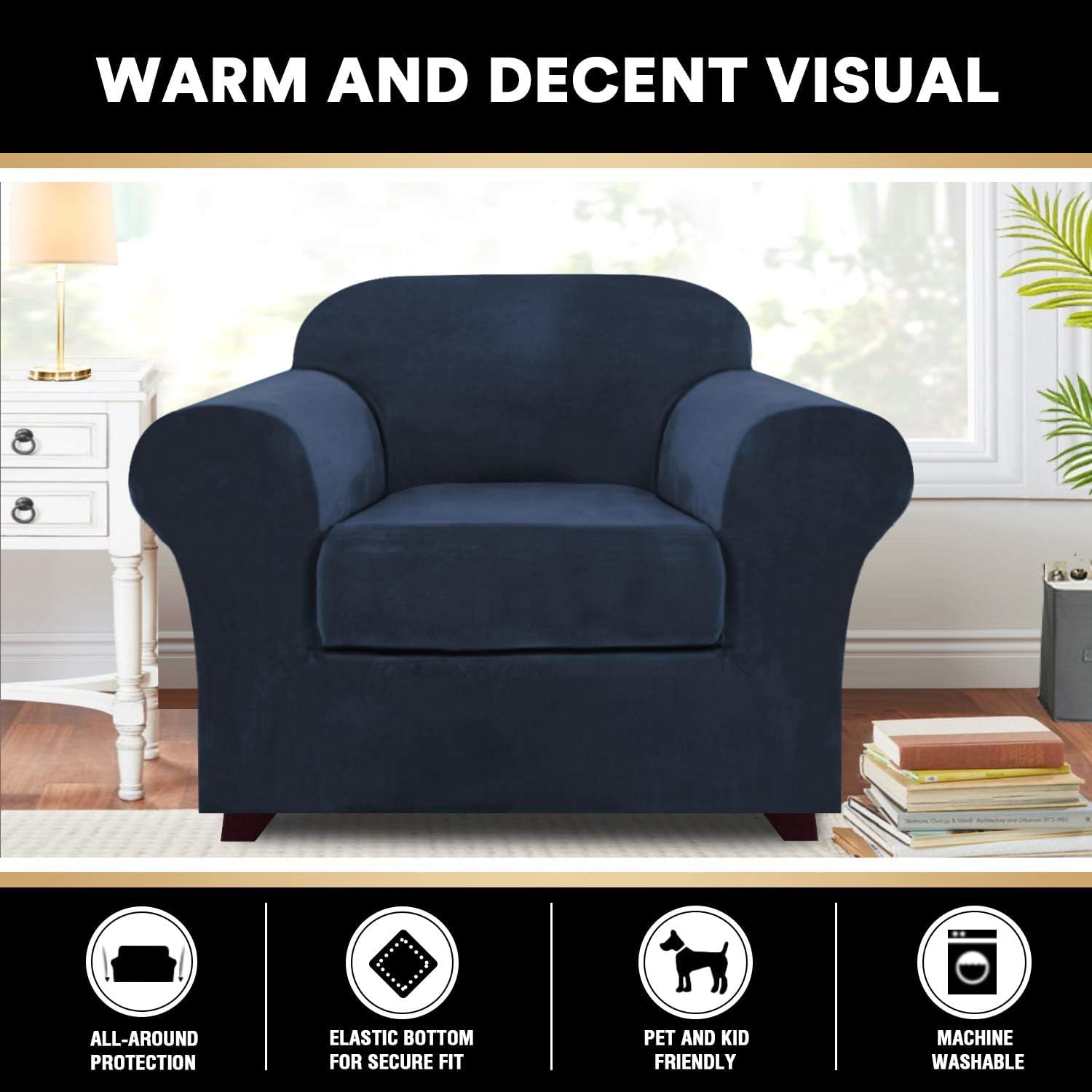 Princedeco 2 Piece Chair Cover Velvet Chair Slipcovers Soft Armchair Cover Furniture Protector With Arms Width Up To 49 Inch Chair Sofa Cover With Individual Cushion Covers(Small,Navy)