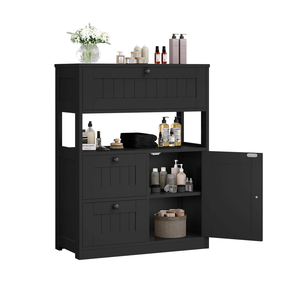 GRUSIGN Storage Cabinet, Modern Bathroom Floor Storage Cabinet Organizer with 1 Door and 3 Drawers, Freestanding Cupboard for Ki