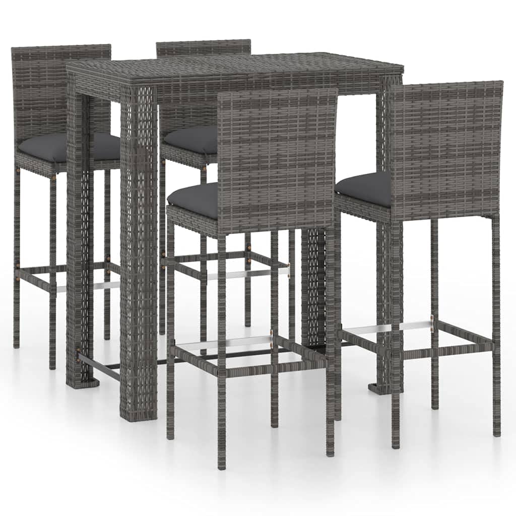 vidaXL Patio Bar Set with Cushions 5 Piece Garden Outdoor Bar Sets Dinner Bistro Dining Table Chair Stool Pub Furniture Seating Poly Rattan Gray