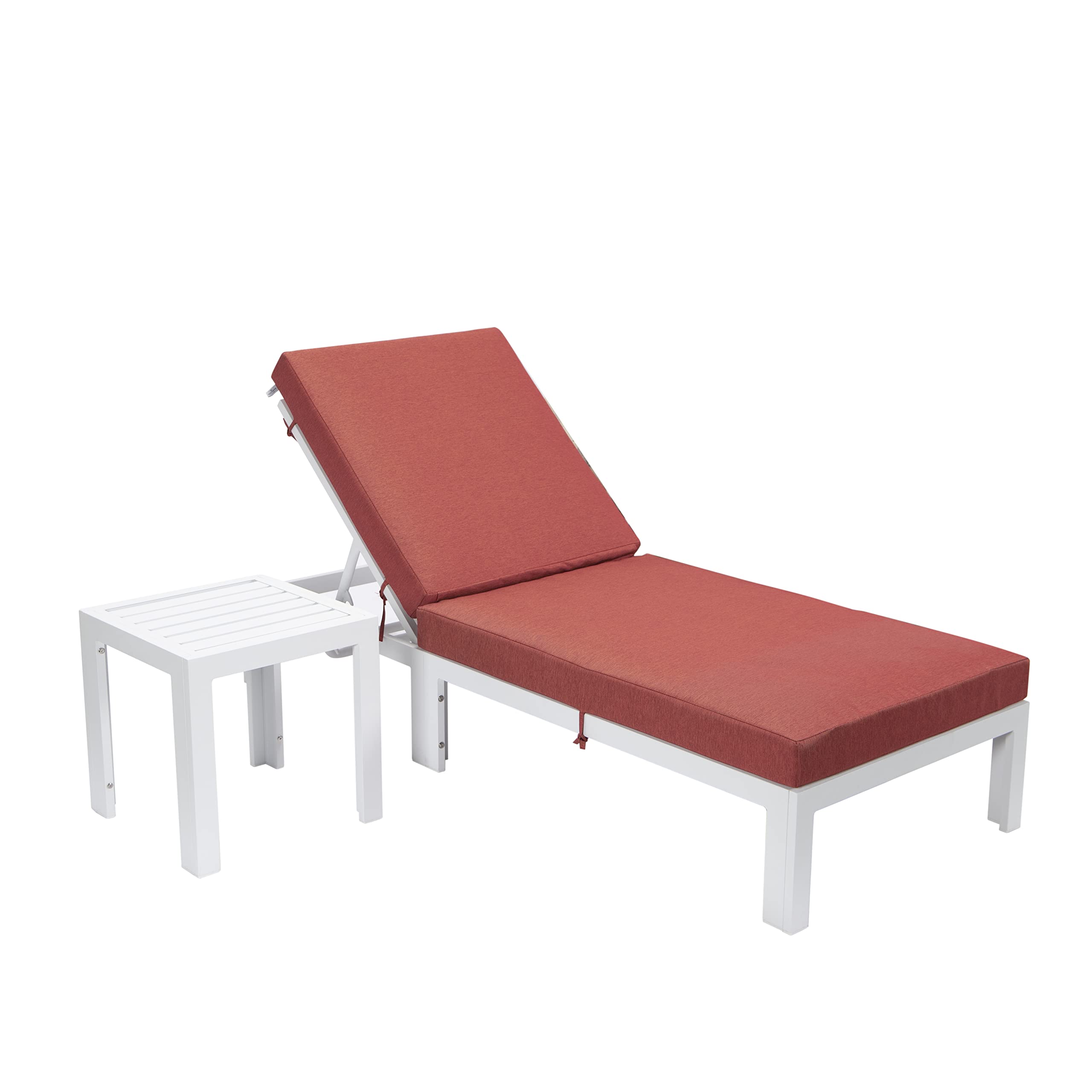 LeisureMod Modern White Aluminum Outdoor Chaise Lounge Chair with Cushions and Side Table, Red - Patio or Poolside Seating