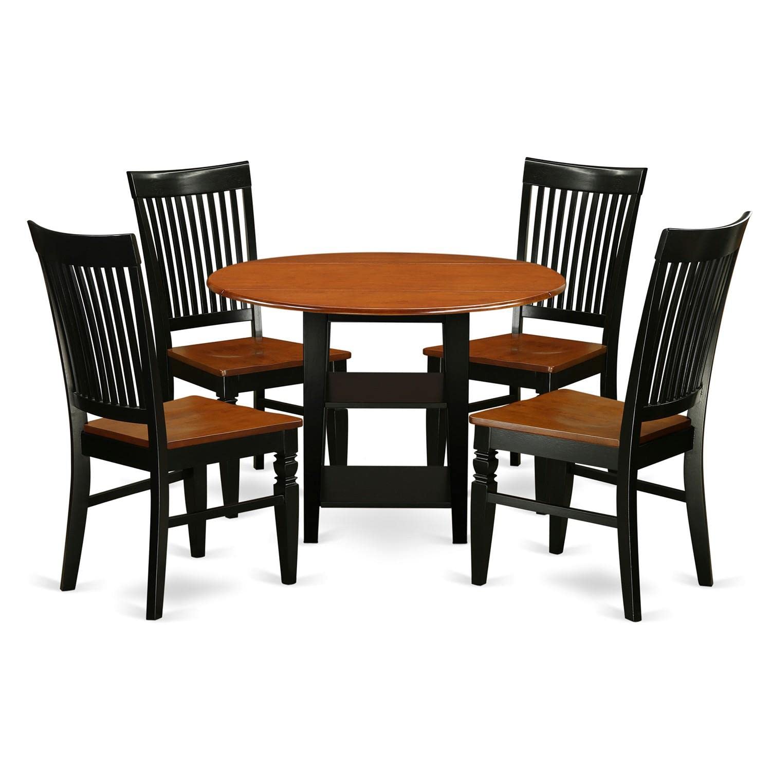 East West Furniture Suwe5-Bch-W 5 Piece Dining Set Includes A Round Dining Room Table With Dropleaf & Shelves And 4 Kitchen Chairs, 42X42 Inch, Black & Cherry