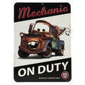 Disney Cars Tow Mater Mechanic On Duty Embossed Metal Sign - Vintage Tow Mater Sign for Bedroom or Garage