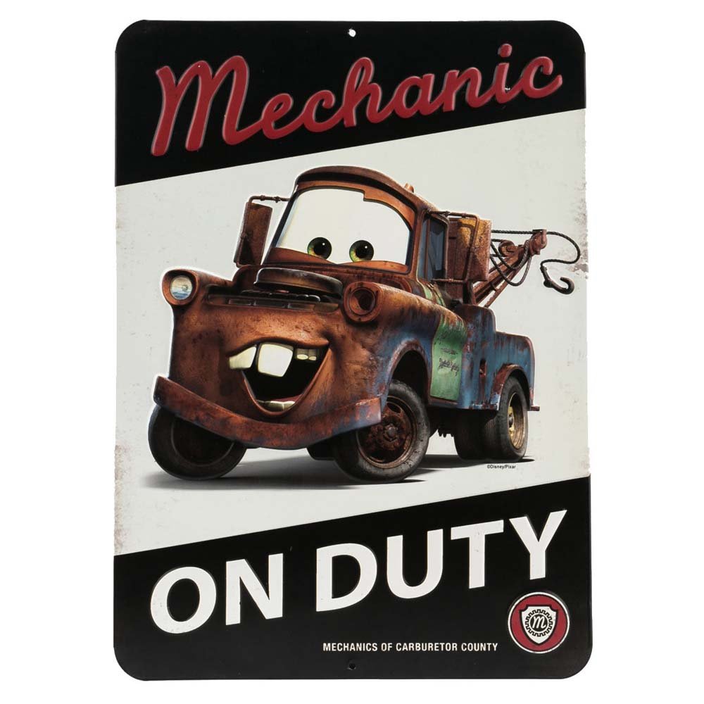 Disney Cars Tow Mater Mechanic On Duty Embossed Metal Sign - Vintage Tow Mater Sign for Bedroom or Garage
