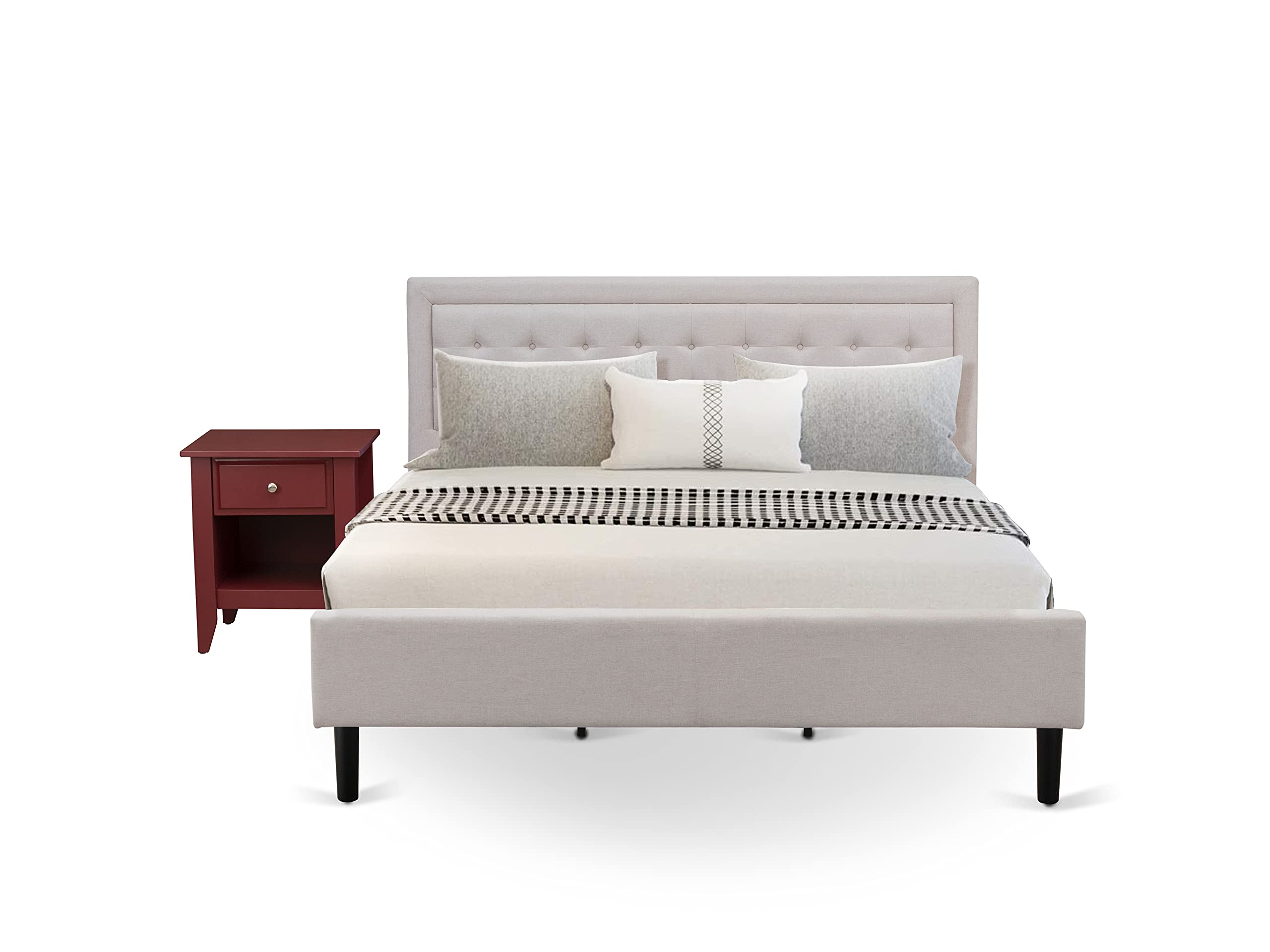 East West Furniture FN08K-1GA13 2-Piece Fannin Bed Set with 1 King Size Bed Frame and a Burgundy Night Stand - Reliable and Durable Manufacturing - Mist Beige Linen Fabric Bed