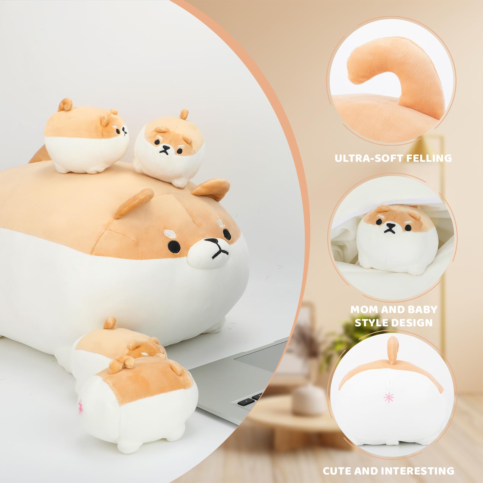 Atobaby Shiba Inu Plush Pillow 16 Inches With Four Babies In Mommys Belly, Super Soft Cartoon Dog Stuffed Animal Shiba Inu Plush