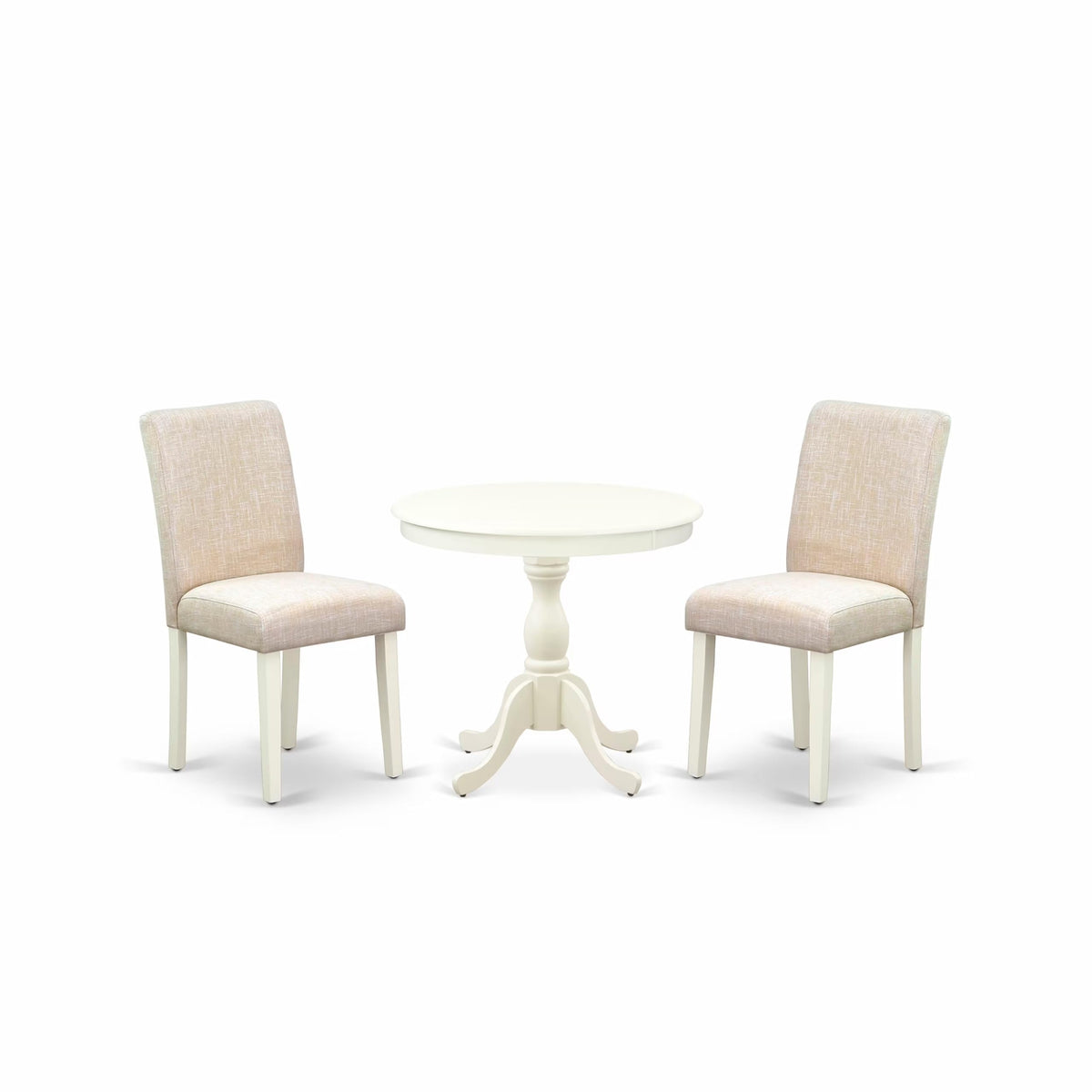 East West Furniture Amab3-Lwh-02 3 Piece Dining Room Furniture Set Contains A Round Dining Table With Pedestal And 2 Light Beige Linen Fabric Upholstered Chairs, 36X36 Inch, Linen White
