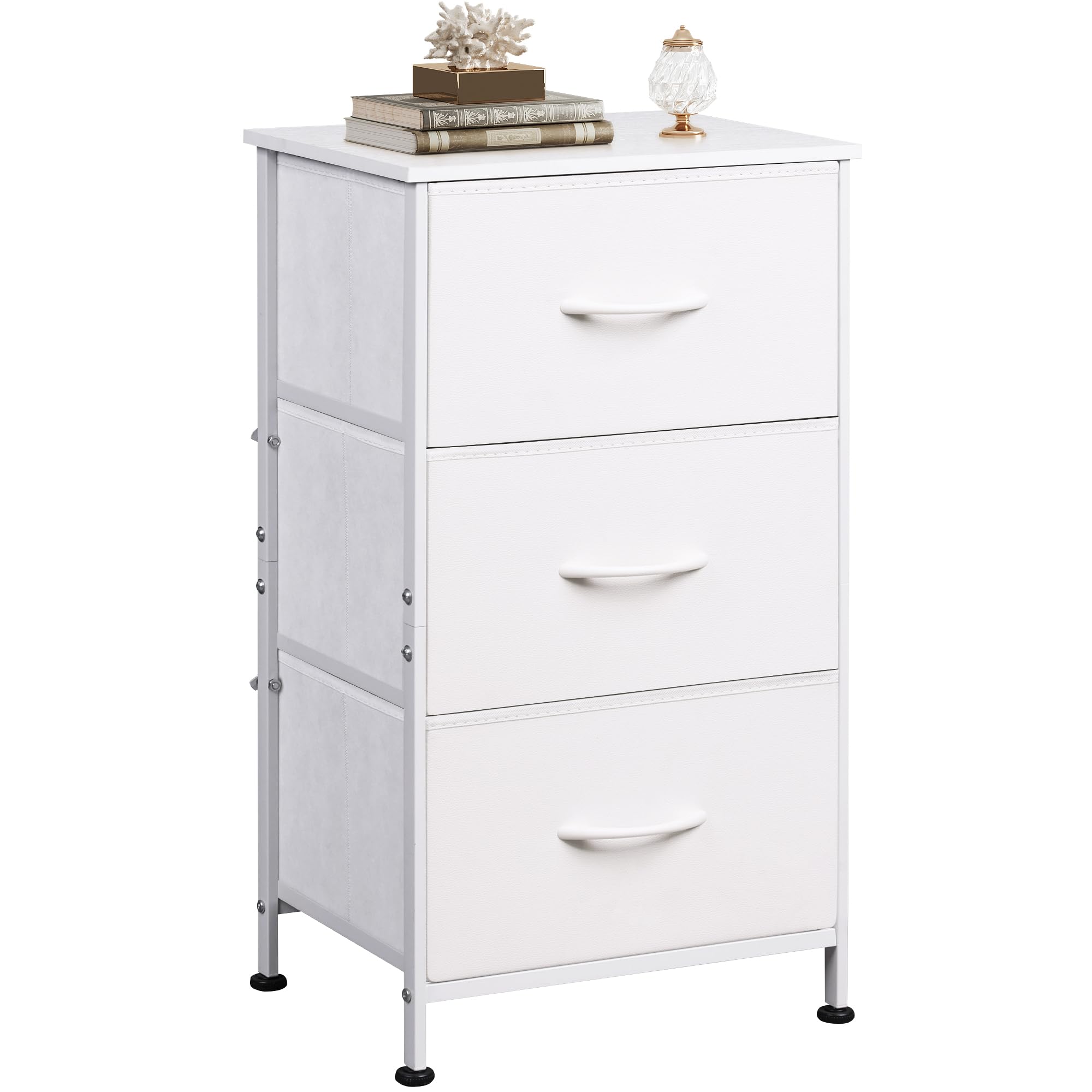 Wlive Nightstand With 3 Drawers, Fabric Dresser, Organizer Unit, Storage Dresser For Bedroom, Hallway, Entryway, Closets, Sturdy Steel Frame, Wood Top, Easy Pull Handle, White