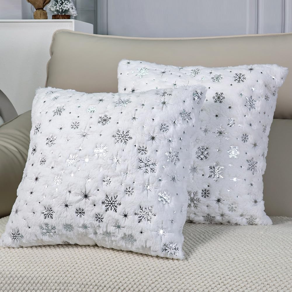 Toypopor Snowflakes Glitter Printed Christmas Pillow Covers 18' X 18' Set Of 2, Soft Faux Fur Throw Pillow Covers For Holiday