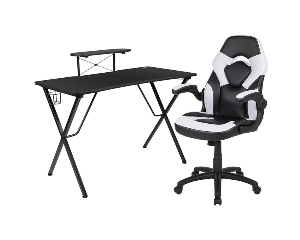 Flash Furniture Black Gaming Desk And White/Black Racing Chair Set With Cup Holder, Headphone Hook, And Monitor/Smartphone Stand