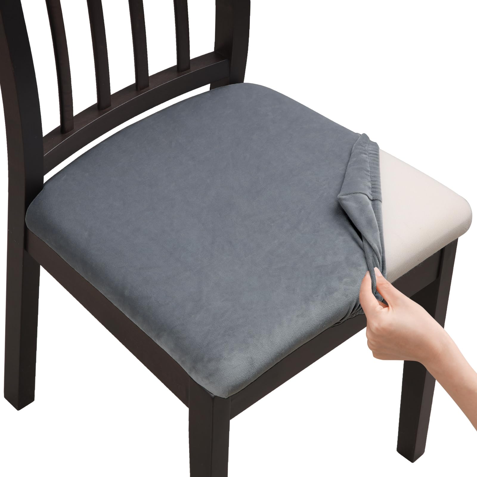 Fuloon Stretch Dining Chair Covers, Velvet Chair Seat Covers Washable Seat Cushion Slipcover Chair Cover Dining Room For Hotel, Ceremony, Banquet Wedding Party (Velvet Grey, 6)