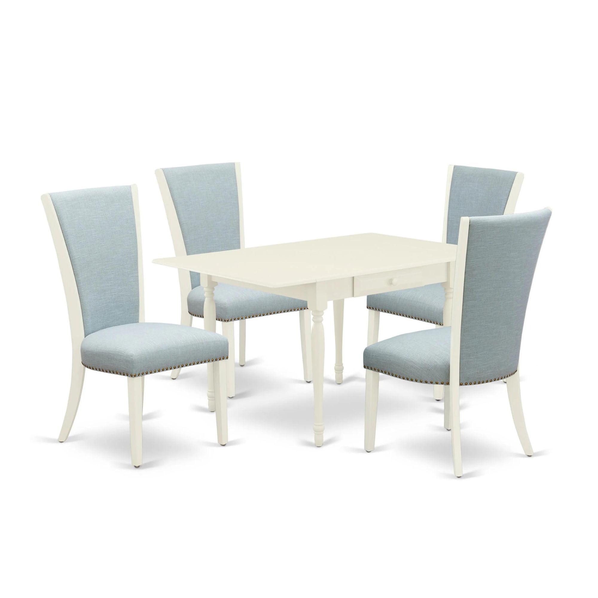 East West Furniture Mzve5-Lwh-15 5 Piece Dining Table Set Includes A Rectangle Wooden Table With Dropleaf And 4 Baby Blue Linen Fabric Parson Dining Room Chairs, 36X54 Inch, Linen White