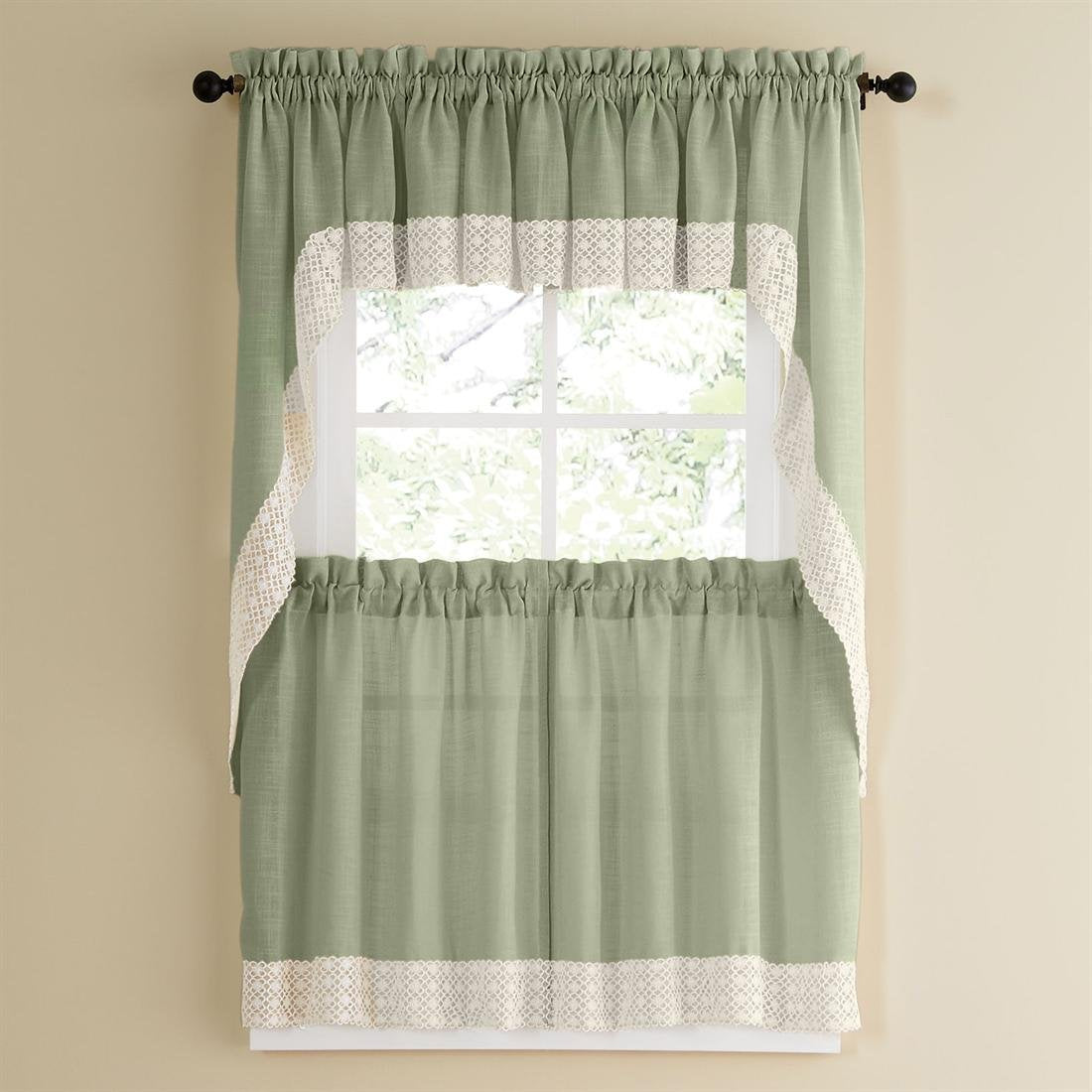 Sweet Home Collection 5 Pc Kitchen Curtain Panels Sheer Rod Pocket Unique Styles And Prints, 36 In Tier Valance Set, Salem Sage