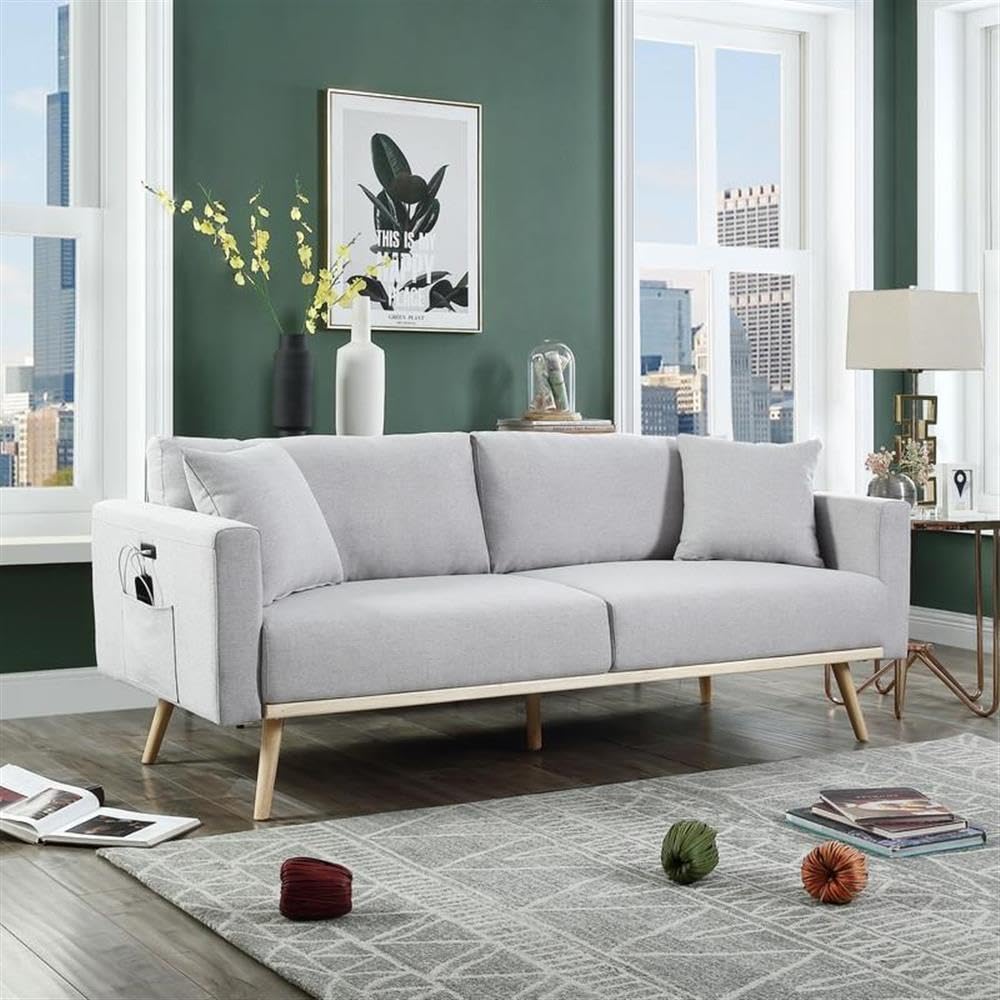 Lilola Home Easton Light Gray Linen Fabric Sofa with USB Charging Ports Pockets & Pillows