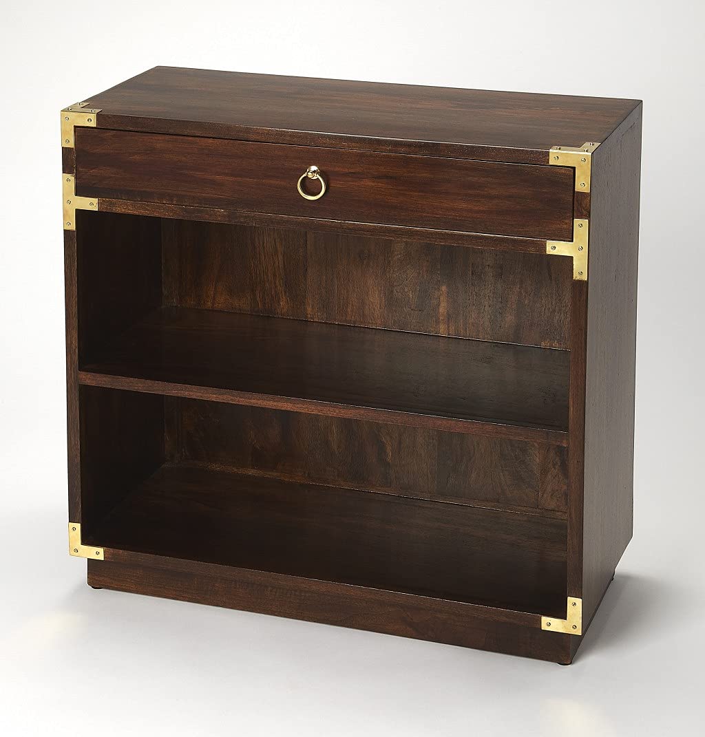 HomeRoots Dark Brown Mango Wood Solids, MDF, Brass Finished Hardware Forster Brown Campaign Bookcase