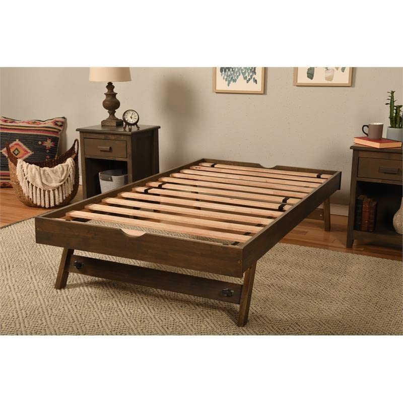 Kodiak Furniture Boho Wood Pop Up Bed in Walnut Brown w/Linen Stone Mattress