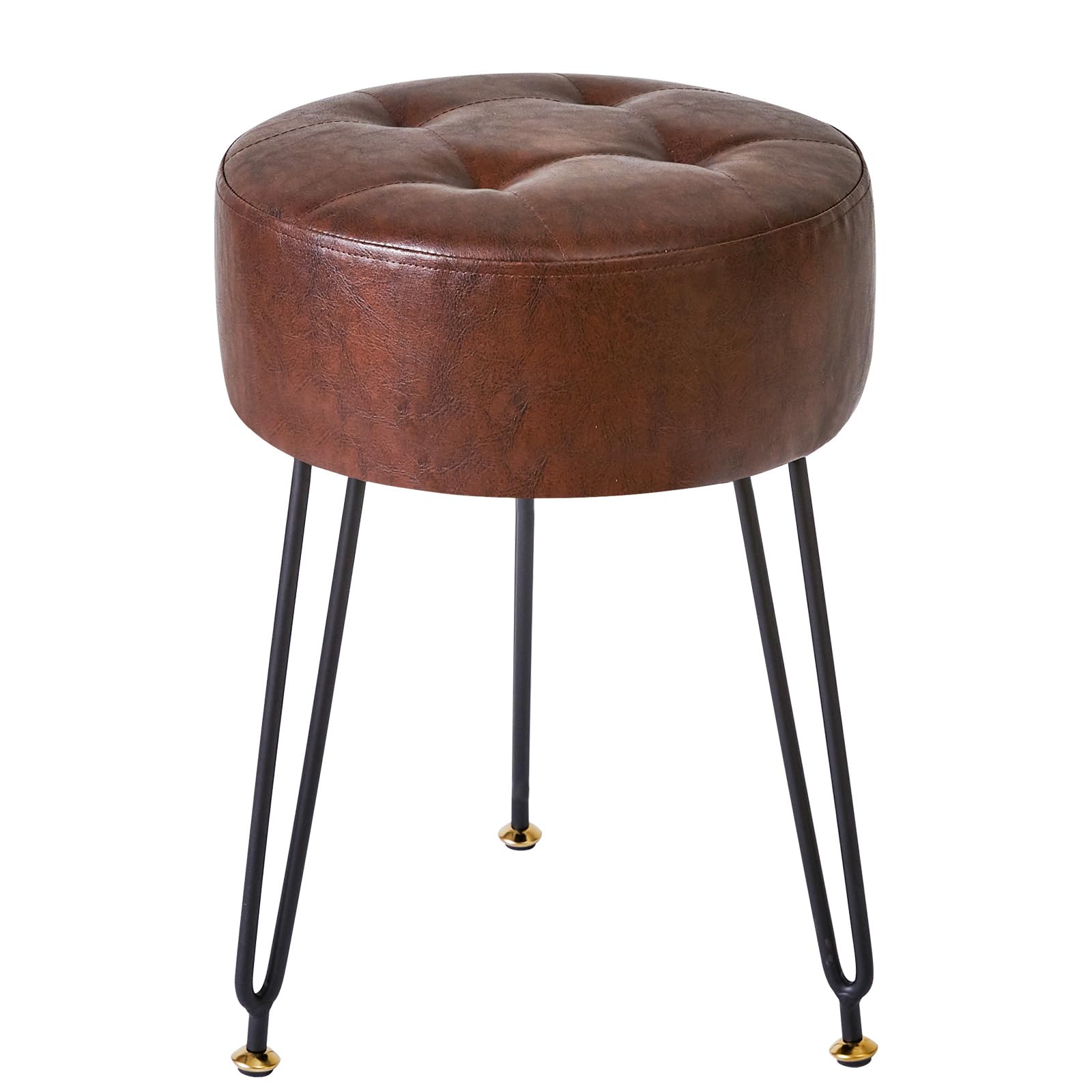 Ibuyke Faux Leather Round Footrest Stool, Makeup Vanity Stool Side Table, Pu Dressing Table Seat, Pouf Couch Stool, Golden Steel Legs, Dark Brown Lg-31Z