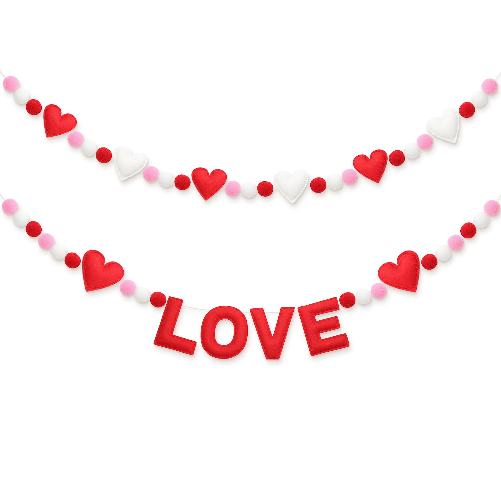 Lumina Garden 2pcs Valentine Garland Felt 3D Heart Ball Pompom Garland Red White Pom Pom Banner 6.5ft Valentine Heart Hanging Ba