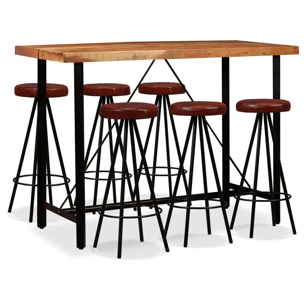 vidaXL Solid Acacia Wood Bar Set 7 Piece Heavy Duty Rustic Industrial High Stools Bistro Pub Restaurant Seating Set Genuine Leather Steel