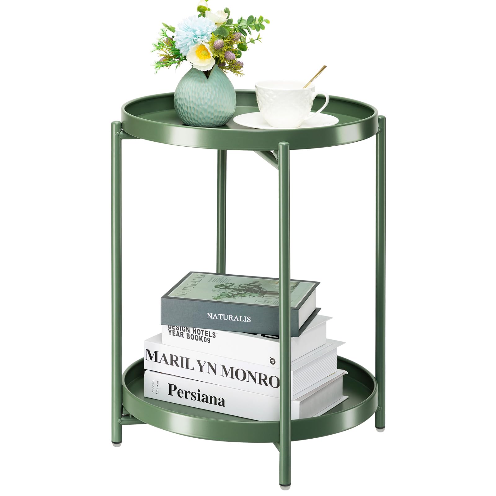 Danpinera 2 Tier Metal Side Table With Removable Tray, Folding End Table Outdoor Side Table Small Accent Table, Anti-Rust Green Nightstand For Bedroom Balcony Patio, Set Of 2 (Dark Green)