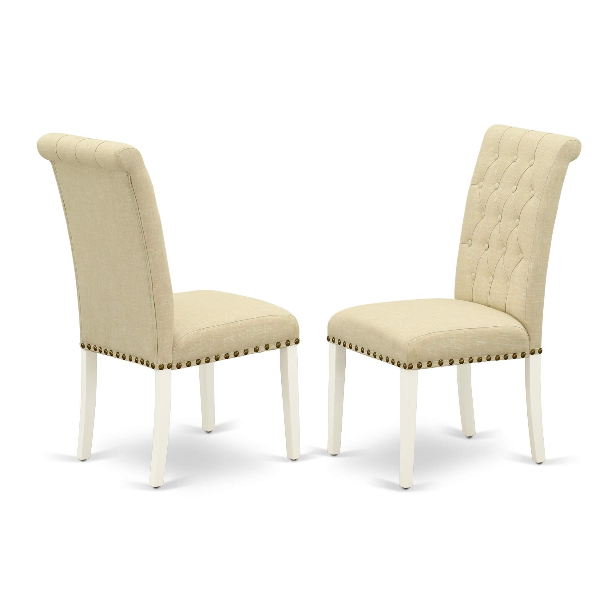 East West Furniture Brp2T02 Bremond Parsons Dining Chairs - Button Tufted Nailhead Trim Light Beige Linen Fabric Upholstered Chairs, Set Of 2, Linen White