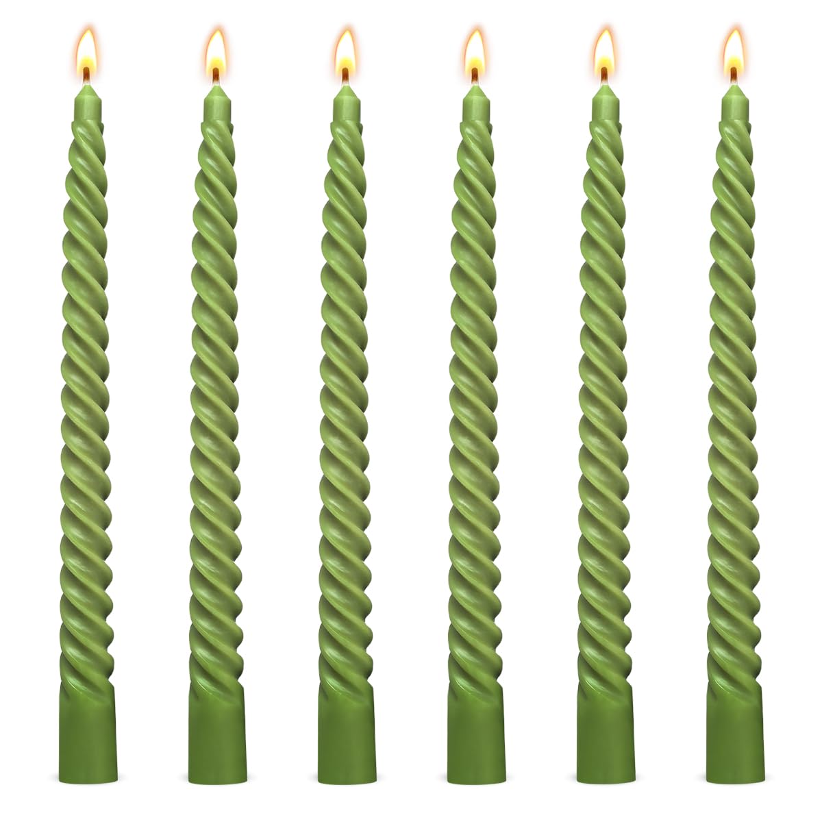 6 Pack 10 Inch Olive-Green Spiral Taper Candles for Christmas and Spring Home Decoration, Unscented Dripless Twisted Candlestick