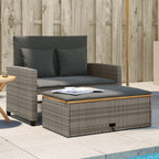 vidaXL Patio Sofa/2-Seater Outdoor Bench & Sofa Bed with Cushions - Gray Poly Rattan & Acacia Wood, Garden/Deck Furniture